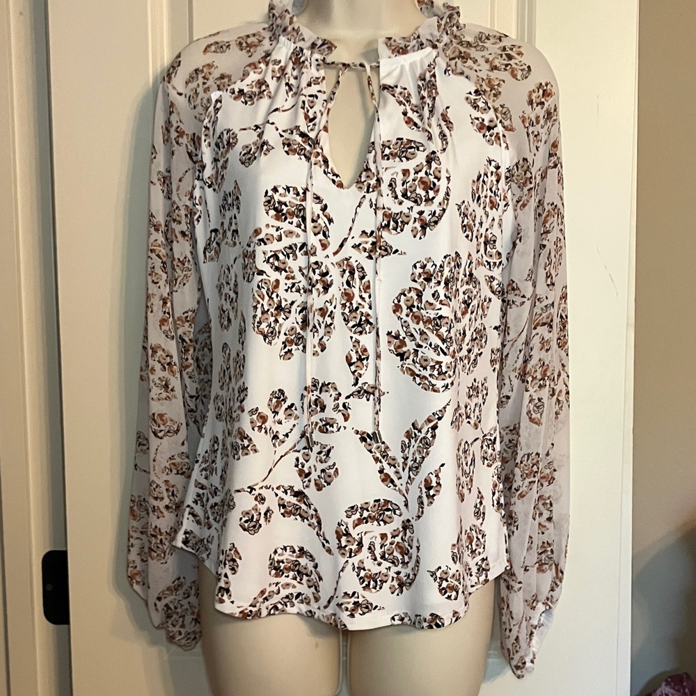 White House Black Market Floral Blouse in White and Brown